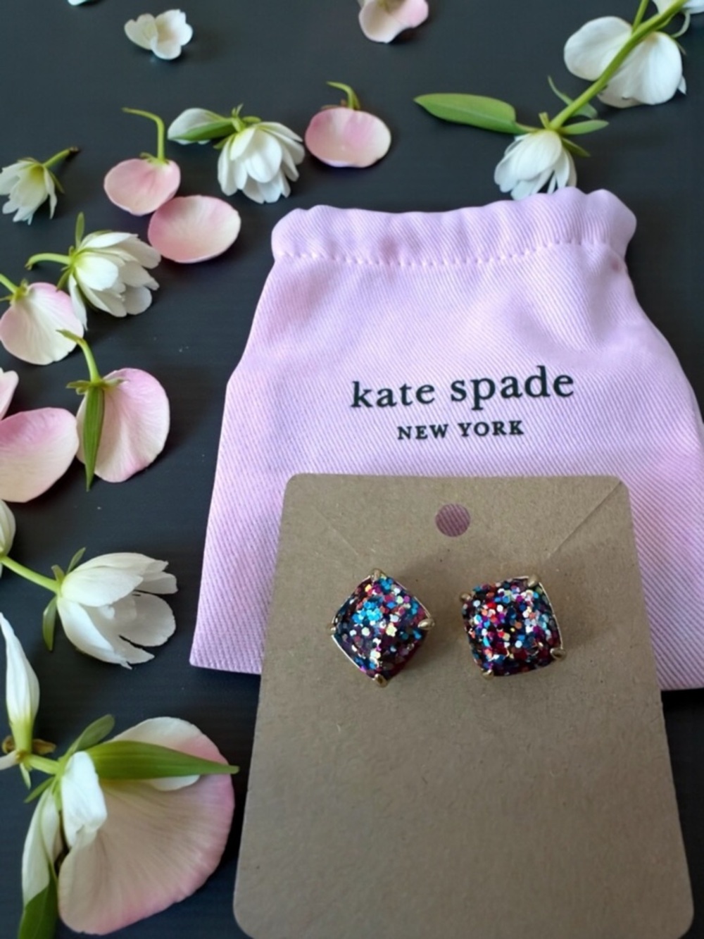 Kate Spade Multicolor Square Glitter Stud Earrings | Gold Setting & Dust Bag